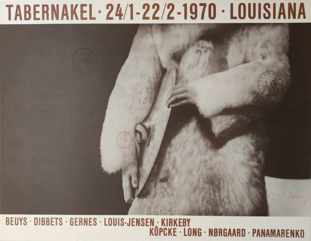 Sérigraphie Beuys -  „Tabernakel  · 24/1-22/2-1970 · Louisiana. Beuys · Dibbets  · Gernes · Louis-Hen- sen  · Kirkeby. Köpcke  · Long  · Norgard ·Panamarenko.“ 