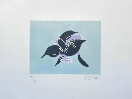 Lithographie Braque - L'essor I (Le cygne sur fond bleu-vert) 