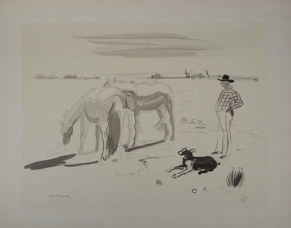 Lithographie Brayer - Chevaux et gardien en Camargue