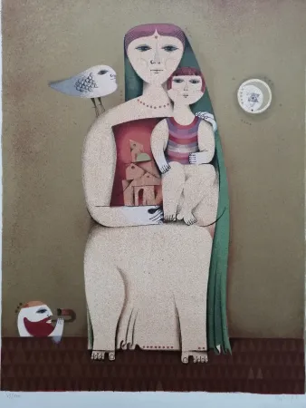 Lithographie Briss - Femme et enfant