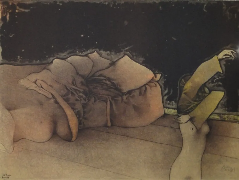 Lithographie Bruni - Zurigo. (Sich Entkleidende vor Sofa)