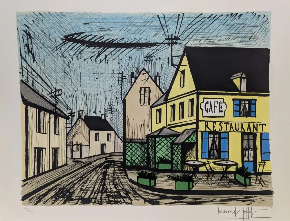Lithographie Buffet - Mareuil, le café jaune et bleu 