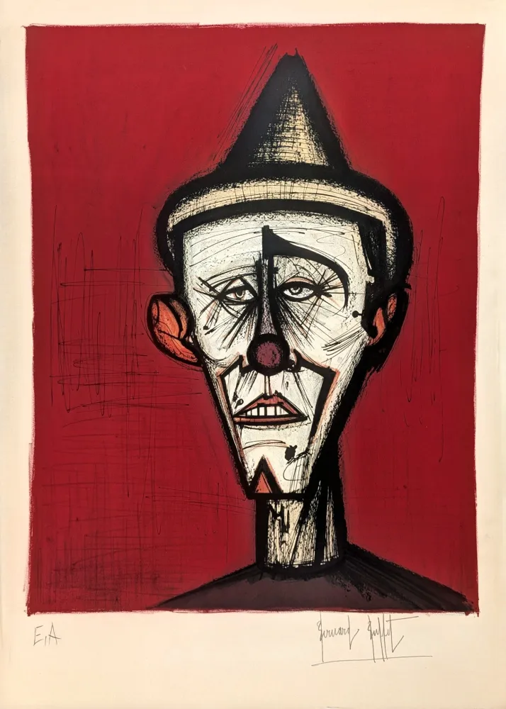 Lithographie Buffet - Mon Cirque, le clown au fond rouge 