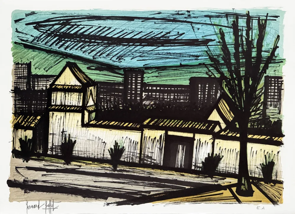 Lithographie Buffet - Vue depuis l'hôtel, Kyoto