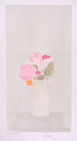 Lithographie Cathelin - Bouquet de roses au fond gris - Bouquet of roses on a grey background