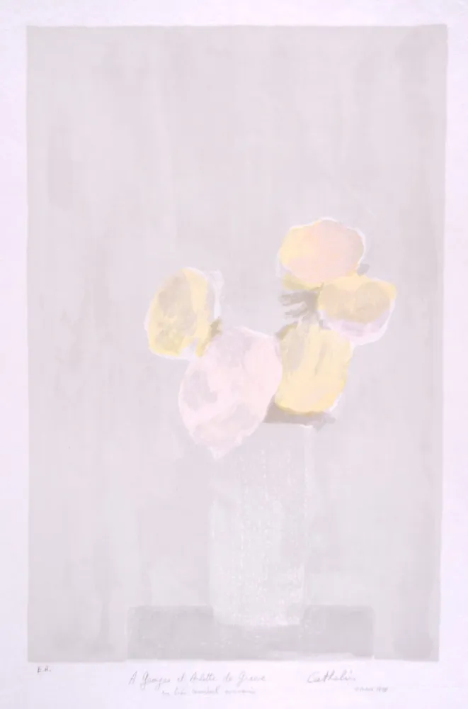Lithographie Cathelin - Bouquet rose au fond gris - Pink bouquet on a grey background