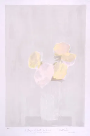 Lithographie Cathelin - Bouquet rose au fond gris - Pink bouquet on a grey background