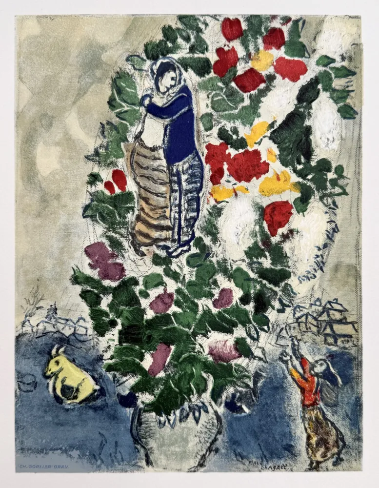 Lithographie Chagall - Couple avec Fleurs
