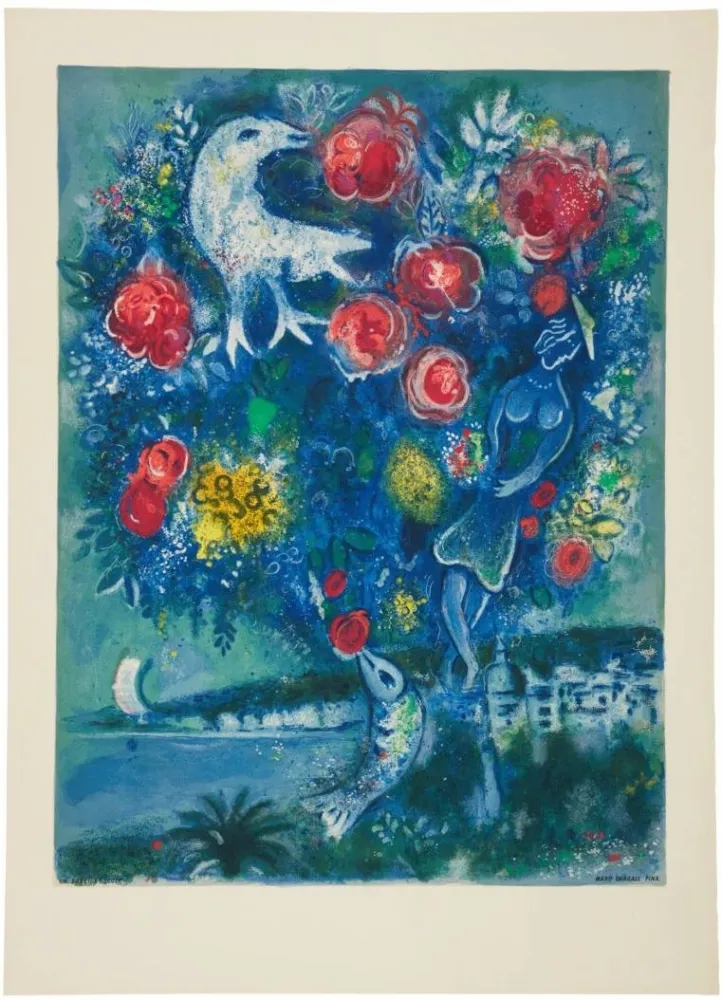 Lithographie Chagall - La baie des Anges au bouquet de roses (Angel Bay with a Boquet of Roses)