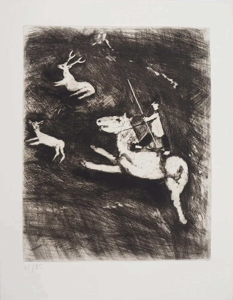 Gravure Chagall - La chevauchée (Le cheval s'étant voulu venger du cerf)