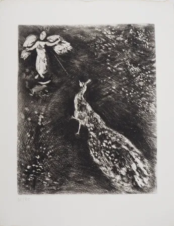 Gravure Chagall - L'ange et le paon (Le paon se plaignant  Junon)