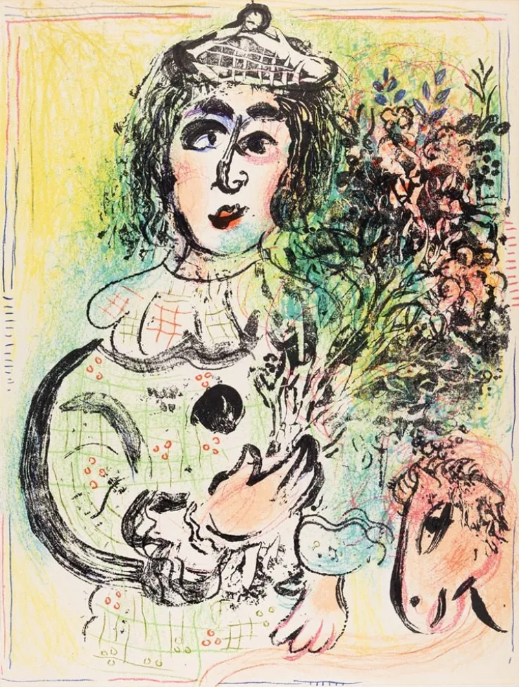 Lithographie Chagall - Le clown fleuri