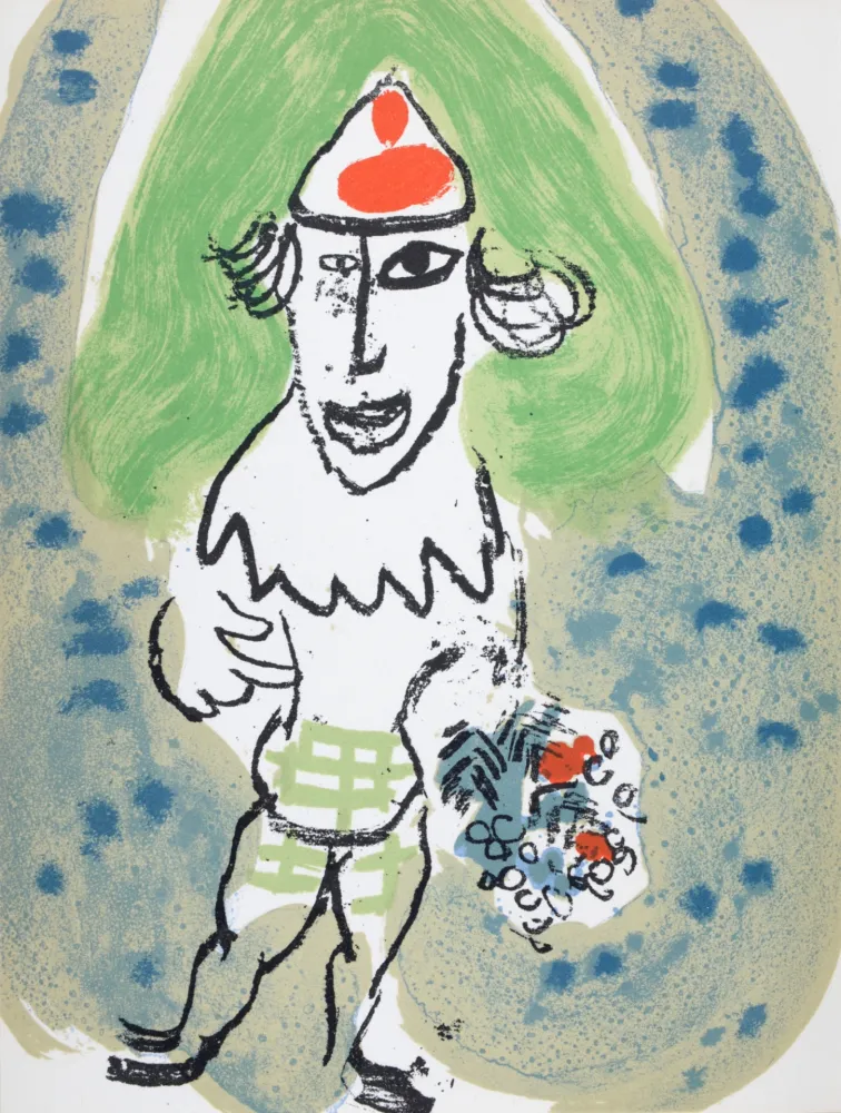 Lithographie Chagall - Le clown vert avec bouquet de fleurs, 1966