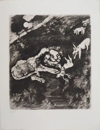 Gravure Chagall - Le lion fourbe (La Génisse, la Chèvre, et la Brebis, en société avec le Lion)