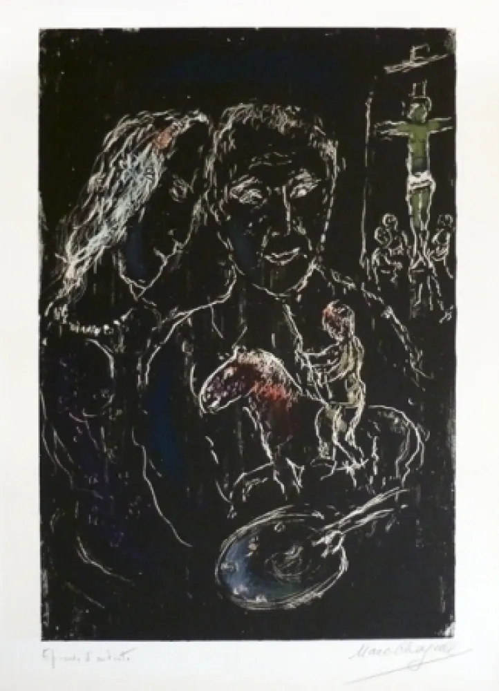 Lithographie Chagall - Le peintre sur fond noir