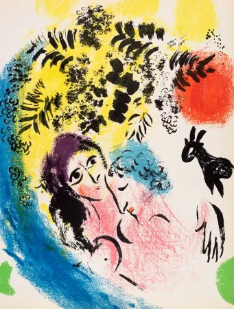 Lithographie Chagall - Les Amoureux au Soleil Rouge