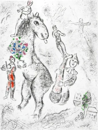 Eau-Forte Et Aquatinte Chagall - Original etching «Horse, violinist and clown» from «Celui qui dit les choses sans rien dire» (1976)