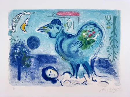 Lithographie Chagall -  Paysage au Coq 