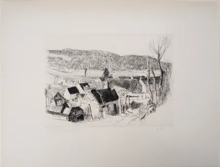 Gravure Clairin - Paysage de campagne, village de Saint-Loup