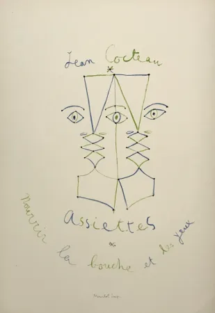 Lithographie Cocteau - Assiettes - Nourrir la bouche et les yeux