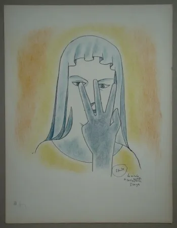 Lithographie Cocteau - Etude - La vierge se cache le visage avec 3 doigts