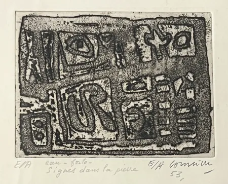 Eau-Forte Corneille - Eau-forte encadrée en couleurs Signes dans la pierre, 1953. Epreuve d'artiste EA
