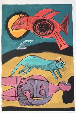 Lithographie Corneille - Grande lithographie encadrée Grand Oiseau du désert 1999