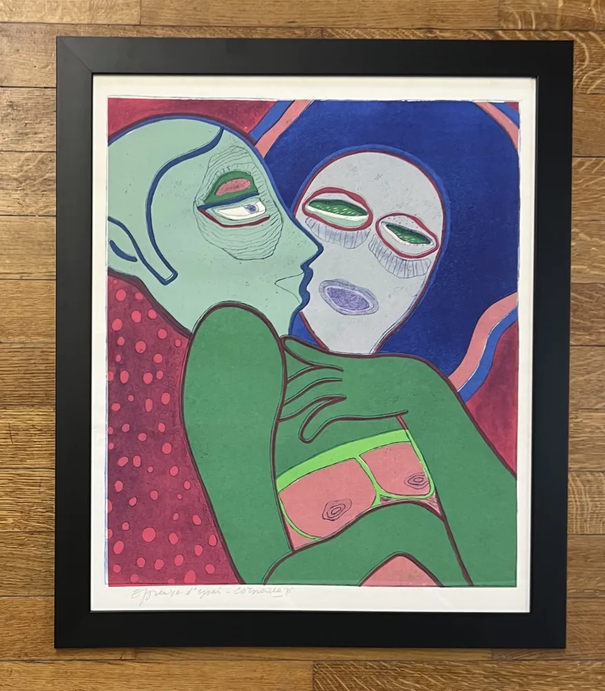 Gravure Corneille - Gravure encadrée Les Amants, 1975 - Epreuve d'essai