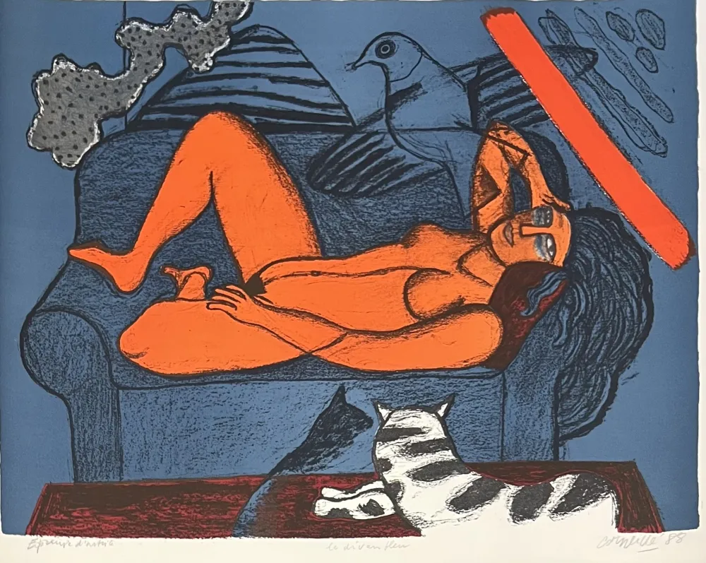 Lithographie Corneille - Lithographie ancienne Le divan bleu 1988