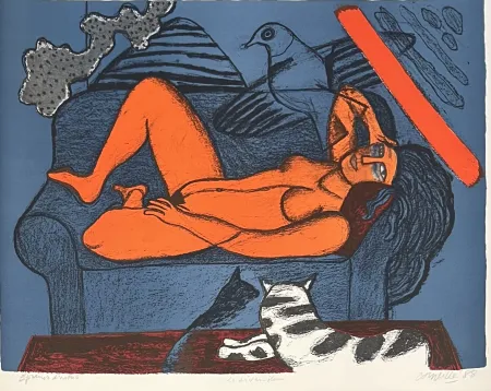 Lithographie Corneille - Lithographie ancienne Le divan bleu 1988