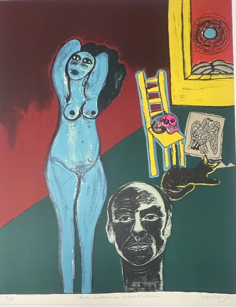 Lithographie Corneille -  Lithographie Autoportrait au crâne Mexicain 1976 E/A