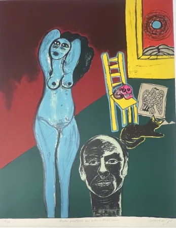 Lithographie Corneille -  Lithographie Autoportrait au crâne Mexicain 1976 E/A