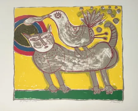 Lithographie Corneille -  Lithographie Chat et oiseau - Au coeur de l'été - 1990