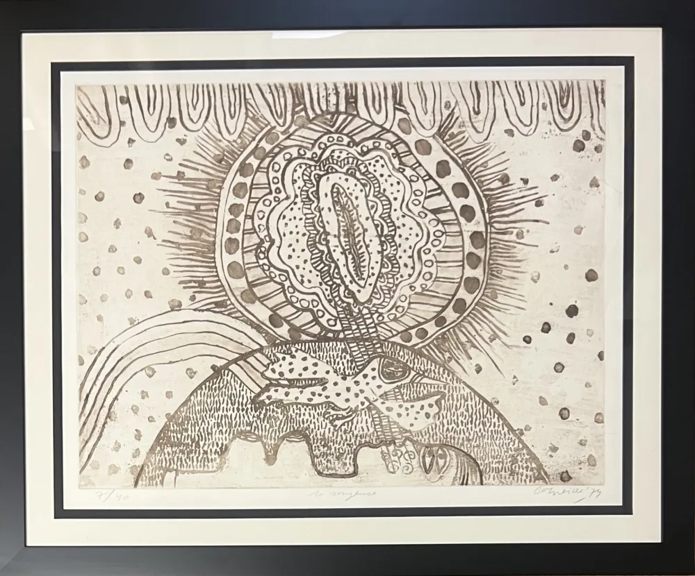 Lithographie Corneille - Lithographie encadrée La songeuse, 1974 - Titrage numéroté à 40 ex. 