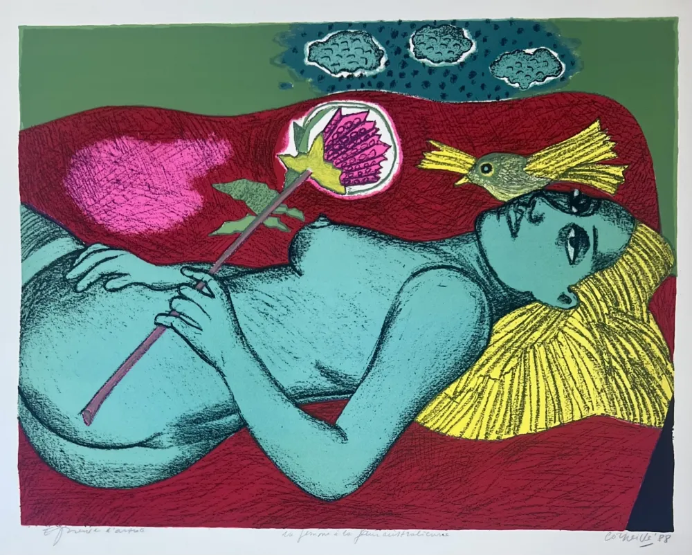 Lithographie Corneille - Lithographie Femme à la fleur australienne, 1988