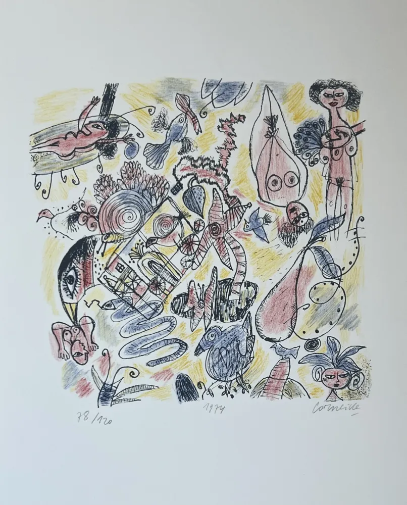 Lithographie Corneille - Lithographie Femmes et Oiseaux 1974