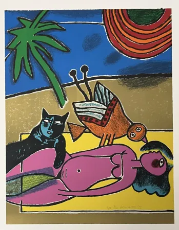 Lithographie Corneille - Lithographie Le chat noir, 1999