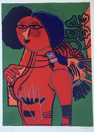Lithographie Corneille - Lithographie L'oiseau compagnon, 1985