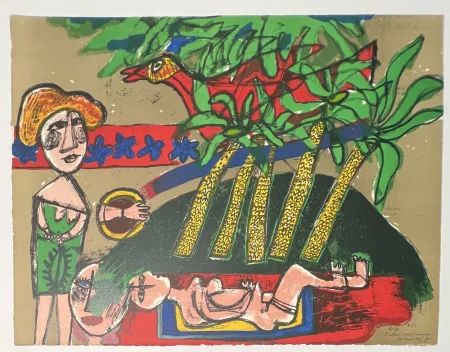 Lithographie Corneille -  lithographie Scène Mexicaine 1970 Rare