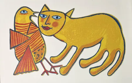 Multiple Corneille - Sculpture en métal : Chat et oiseau