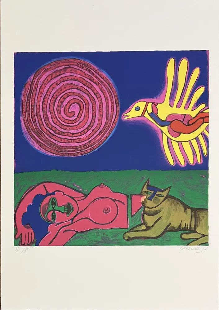Sérigraphie Corneille - Sérigraphie Femme, Chat et oiseau, 1994