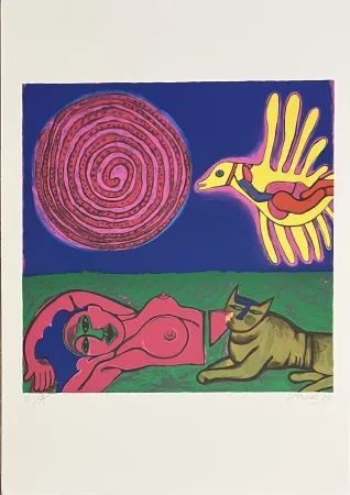 Sérigraphie Corneille - Sérigraphie Femme, Chat et oiseau, 1994