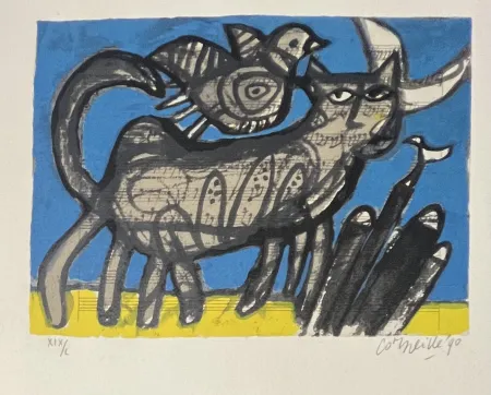 Sérigraphie Corneille - Sérigraphie signée, Chat sur partition de musique , 1990