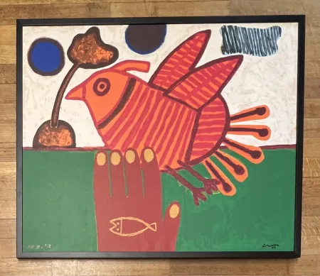 Sérigraphie Corneille - Sérigraphie sur toile signée Oiseau Libre Cobra - Encadrée