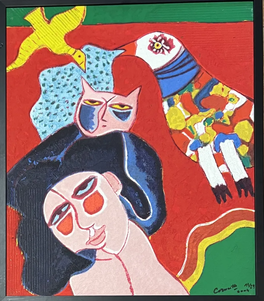 Multiple Corneille - Terragraphie signée sur toile Femme Chat Oiseau