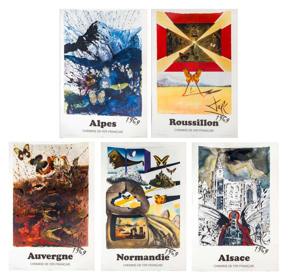 Affiche Dali - Alpes, Auvergne, Alsace, Roussillon et Normandie. Suite des 5 affiches pour la SNCF. 1969