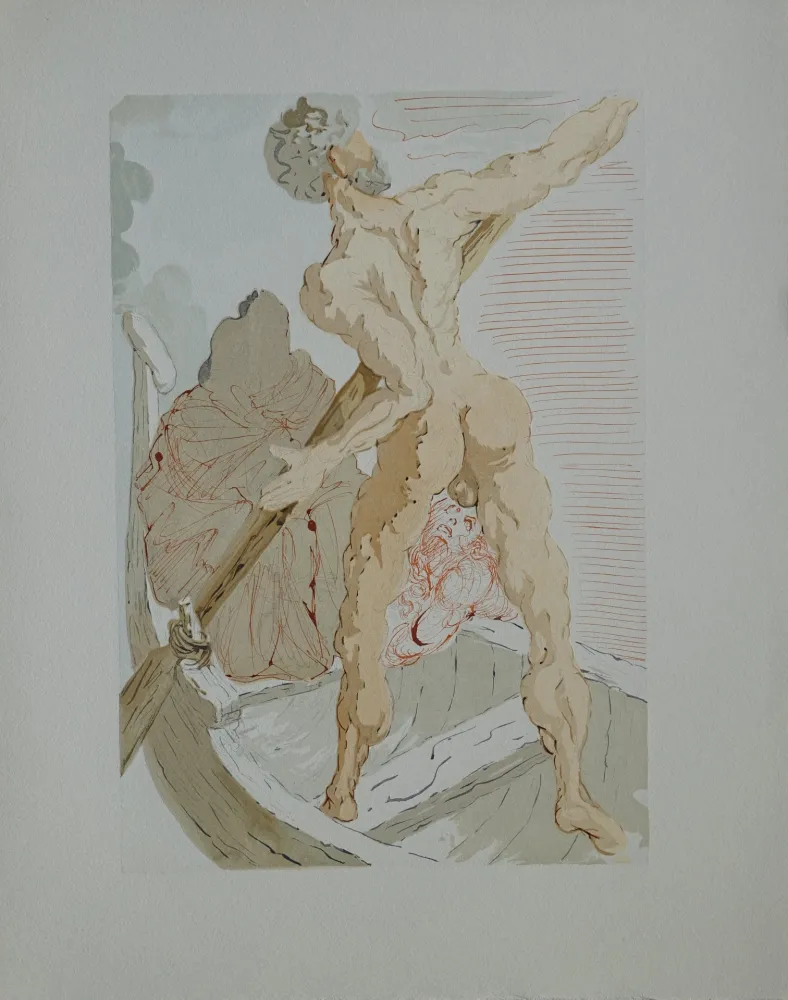 Gravure Sur Bois Dali - Divine Comédie, Enfer 3, Charon et le passage de l'Achéron