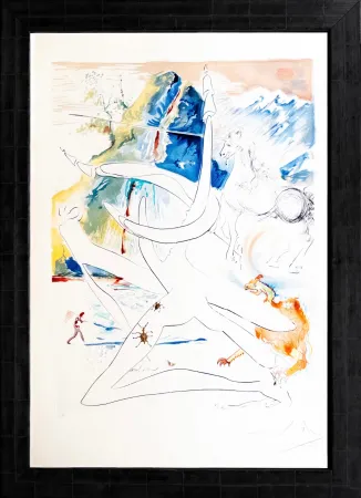Lithographie Dali - L'unicorne laser désintégre les cornes de rhinoceros cosmique (from 'La Conquête du Cosmos')