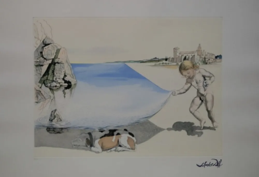 Eau-Forte Dali - Moi-meme à l'age de six ans, soulevant avec une extreme précaution la peau de la mer pour observer un chien dormant à l'ombre de l'eau