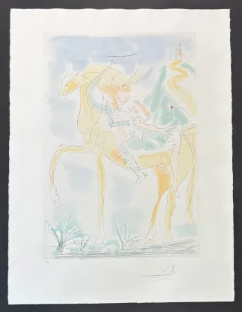 Gravure Dali - Salvador Dalì (1904-1989) - Couple à cheval - Drypoint etching with stencil on Rives paper - 1971